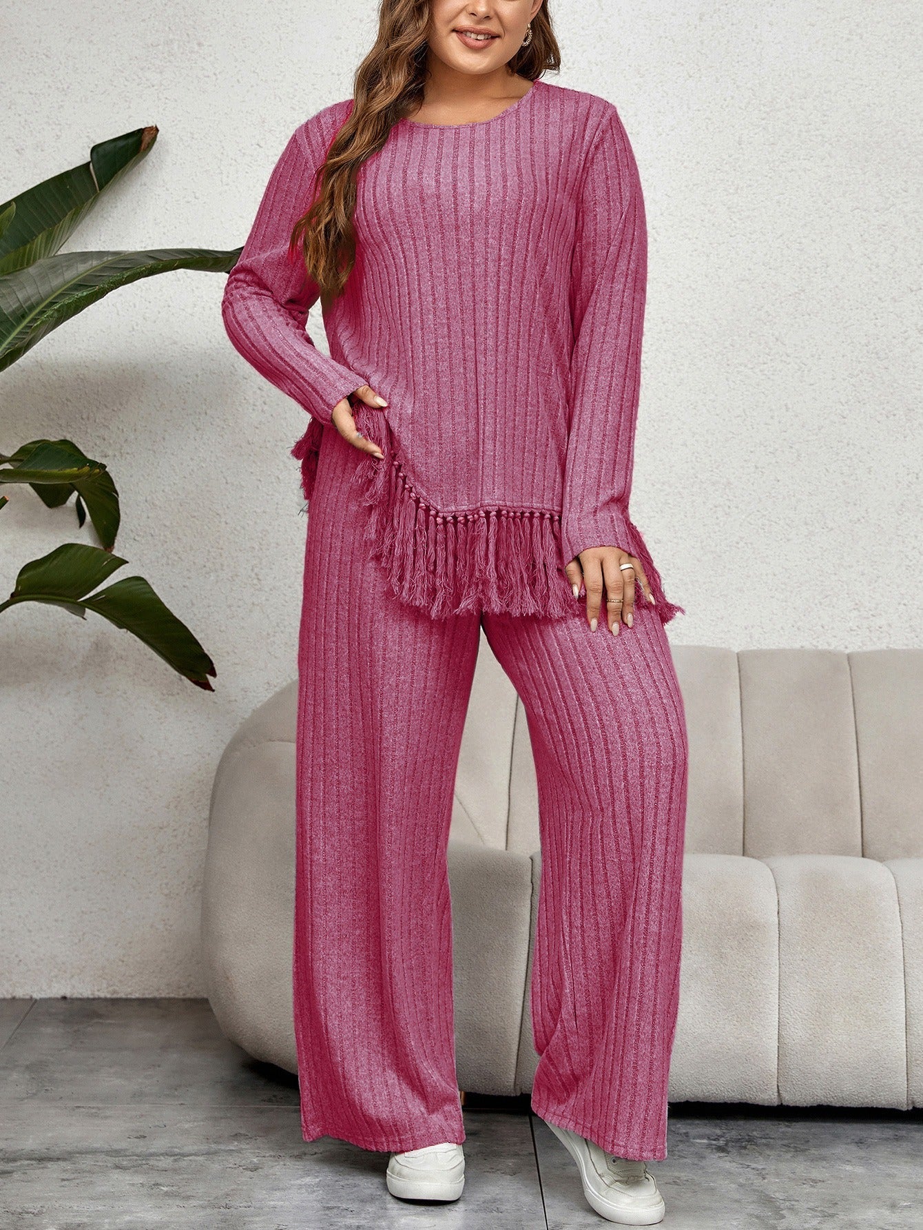 Dam Lounge Set – Oversized Passform – Ribbad Stickning – Fransdetalj – Vida Ben