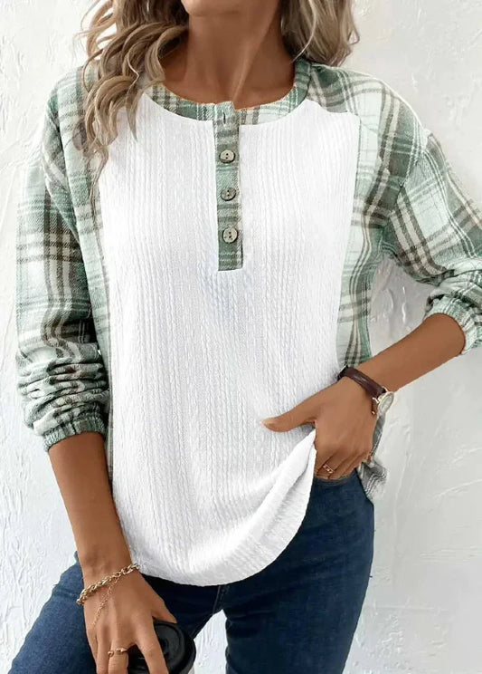 Dam T-shirt med lång ärm – Avslappnad passform – Ribbstruktur – Rutigt knappslå-halsband