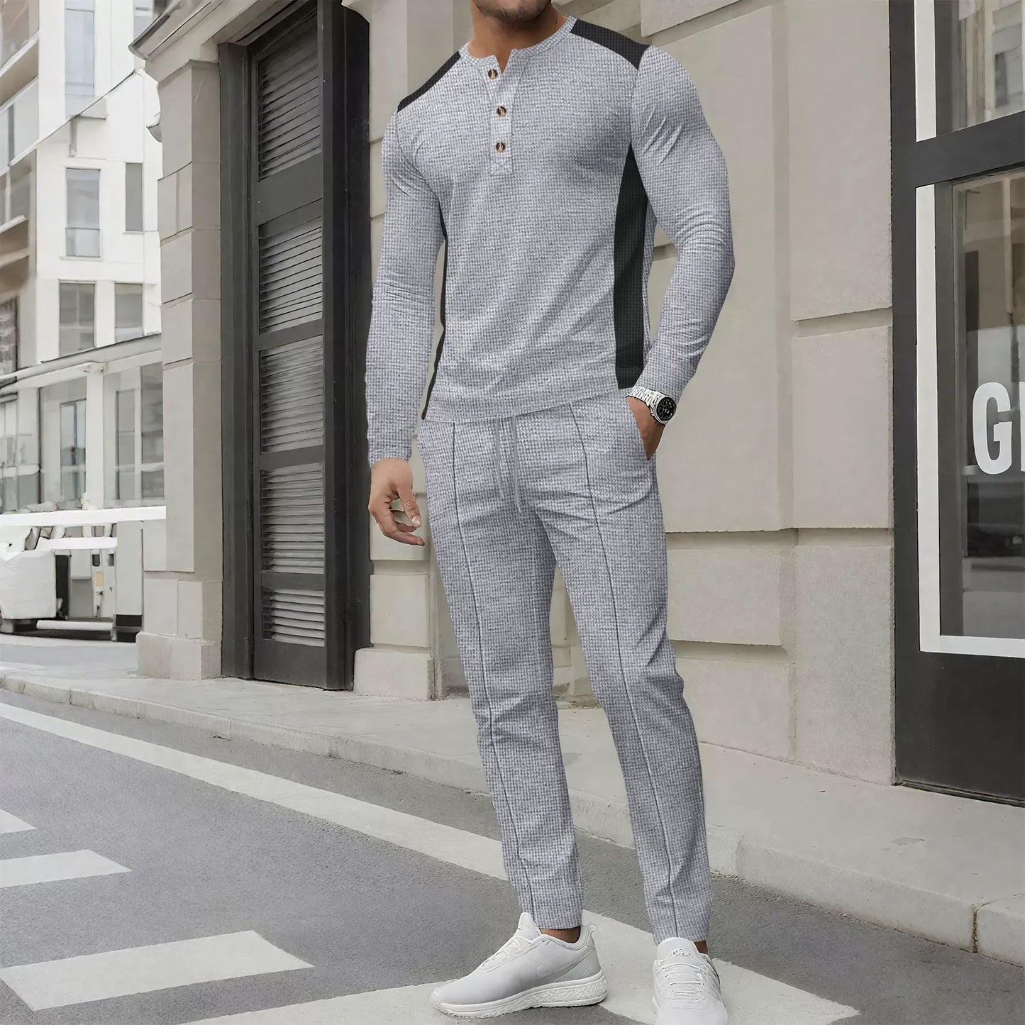 Herrset i två delar – Slim Fit Henleytröja med lång ärm och byxor i waffletrikå