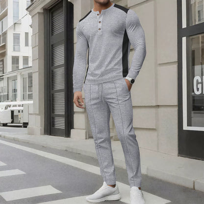 Herrset i två delar – Slim Fit Henleytröja med lång ärm och byxor i waffletrikå