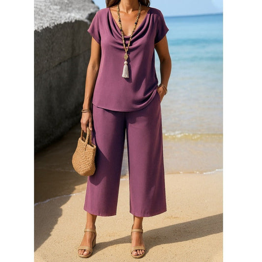 Damset – Avslappnad Passform – Draperad Krage – Kortärmad Topp – Vida Croppade Byxor