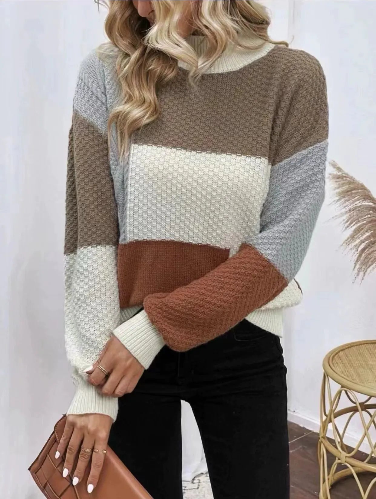 Damtröja – Avslappnad Passform – Stickad Struktur – Patchwork – Ribbad Halsringning