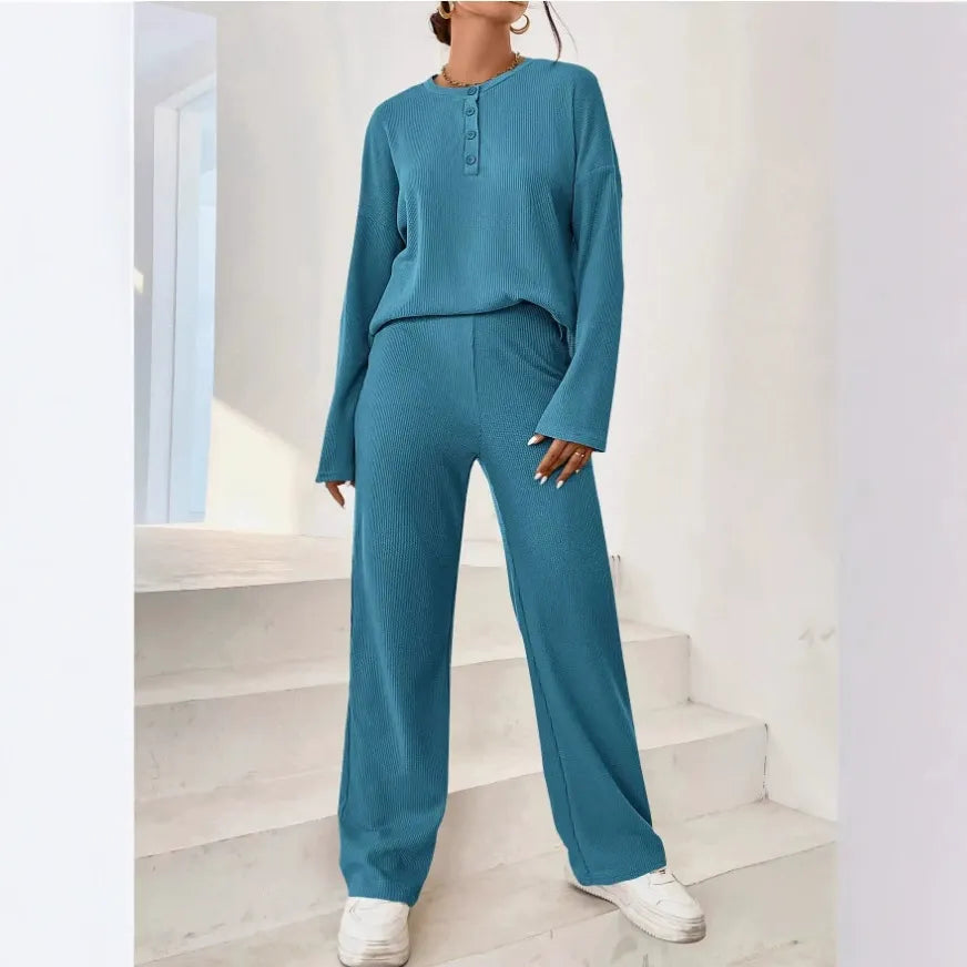 Dam Loungewear Set – Ribbad Stickning – Avslappnad Passform – Pullover och Byxor