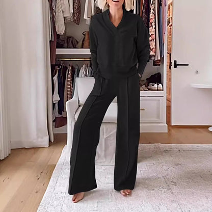 Damset med långärmad V-ringad topp – Vida byxor med hög midja – Avslappnad passform