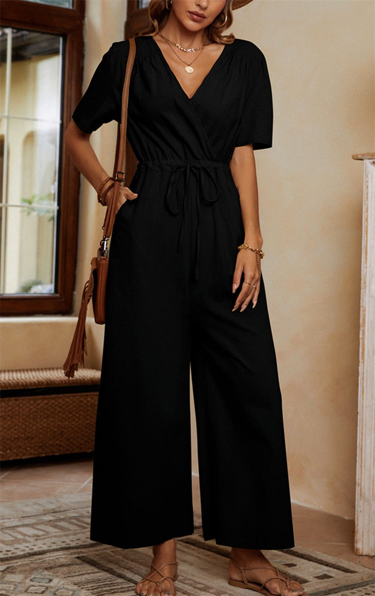 Dam Jumpsuit – Linne Bomullsblandning – Vid Passform – V-ringning – Kort Ärm – Fickor