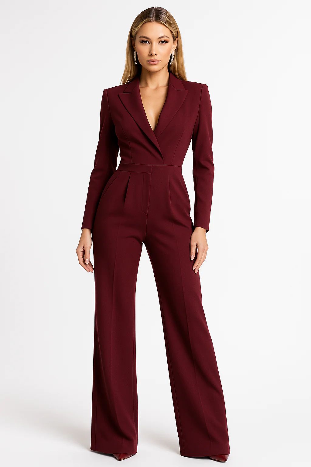 Dam Jumpsuit – Skräddad Passform – V-ringning – Lång Ärm – Vida Ben – Formell Stil