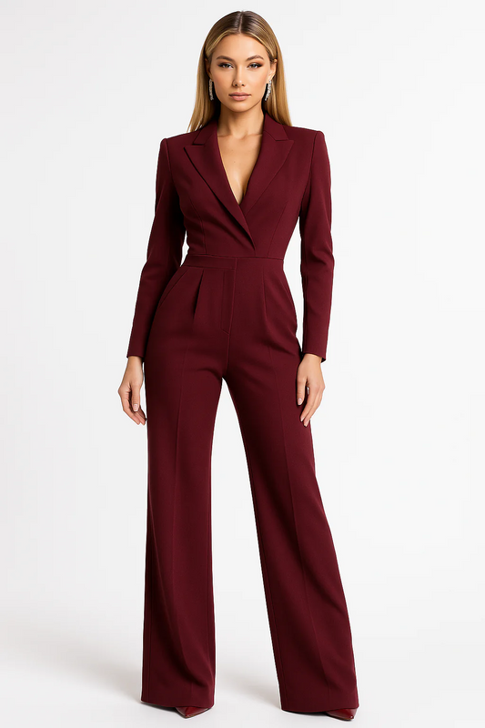 Dam Jumpsuit – Skräddad Passform – V-ringning – Lång Ärm – Vida Ben – Formell Stil
