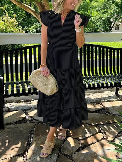 Damklänning midi – V-ringning – Randig – Volangärm – Skiktad kjol – Bomull