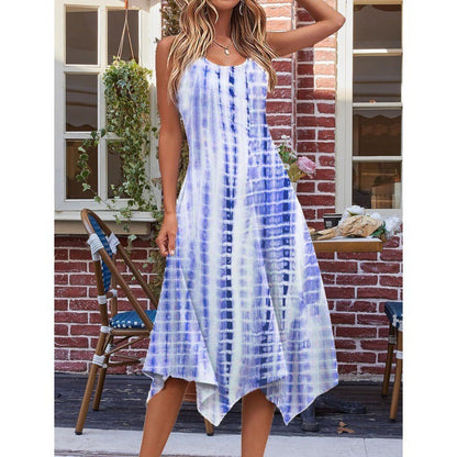 Damklänning midi – Ärmlös A-linje – Bomullsblandning – Asymmetrisk fåll – Abstrakt mönster