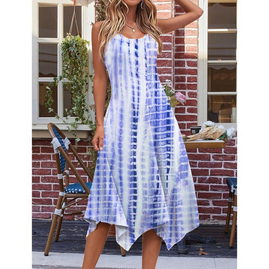 Damklänning midi – Ärmlös A-linje – Bomullsblandning – Asymmetrisk fåll – Abstrakt mönster