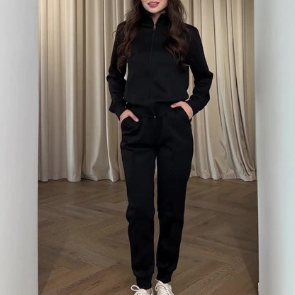 Damset med kofta och byxor – Stickat tyg – Avslappnad passform – Dragkedja – Avsmalnande ben