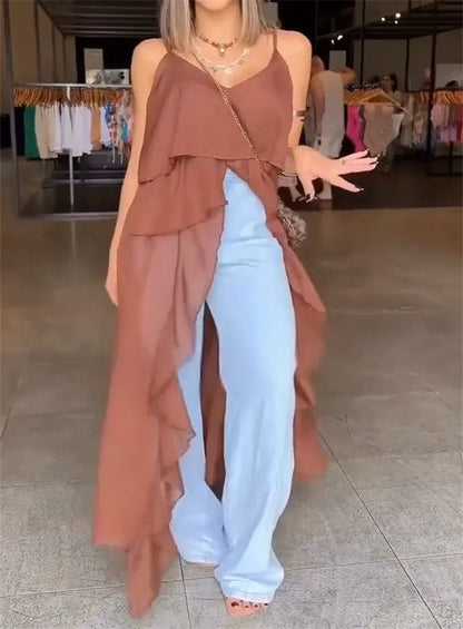 Damklänning – V-ringning – Spagettiband – Volanglager – Asymmetrisk fåll – Lös passform