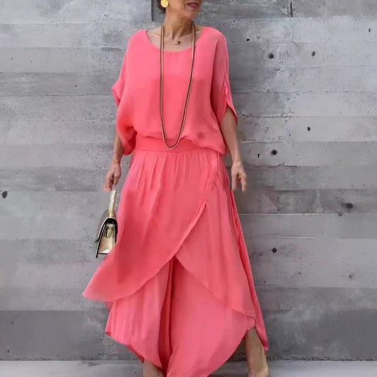 Dam Set med Topp och Byxor – Chiffon – Lös Passform – Vida Byxor med Slits