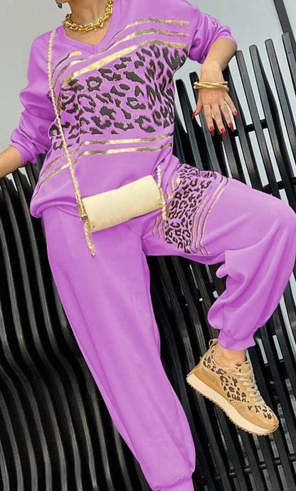Damset med sweatshirt och byxa – Avslappnad passform – Leopardmönster – Metallisk detalj