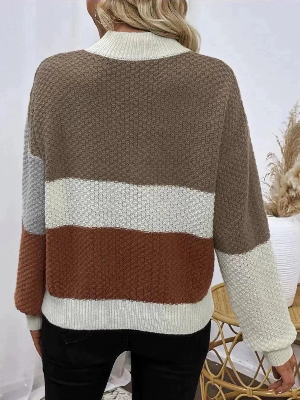 Damtröja – Avslappnad Passform – Stickad Struktur – Patchwork – Ribbad Halsringning