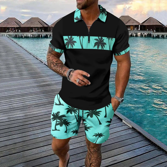 Herrset med pikétröja med dragkedja – Regular fit – Tropiskt mönster – Shorts med dragsko