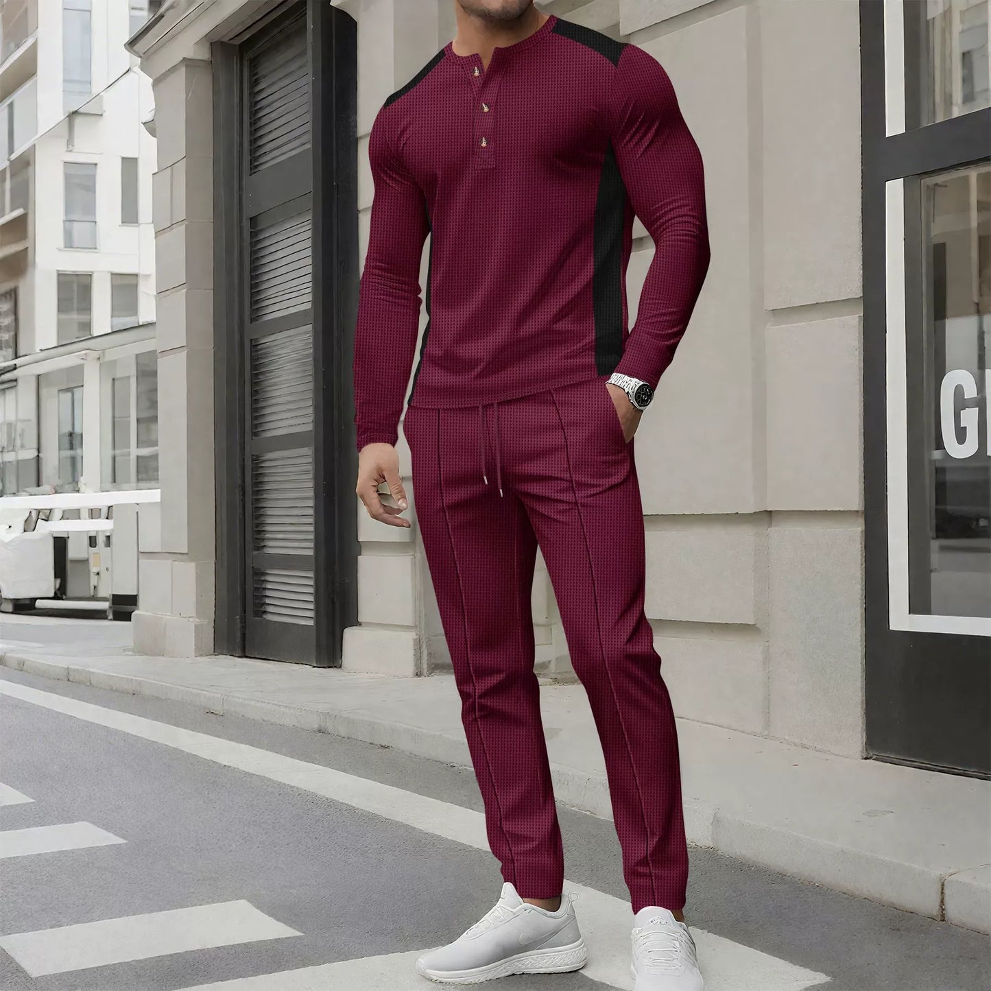 Herrset i två delar – Slim Fit Henleytröja med lång ärm och byxor i waffletrikå