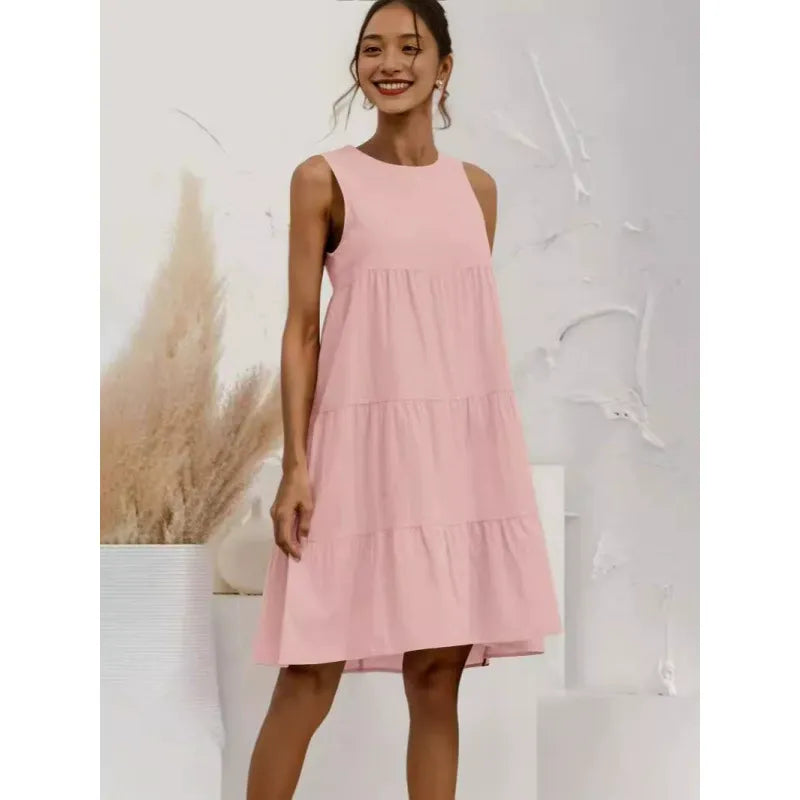 Damklänning – Ärmlös – Lös passform – Linne bomullsblandning – Volang – Midi