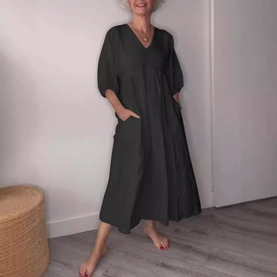 Damklänning midi – avslappnad passform – linne bomull – V-ringning – fickor