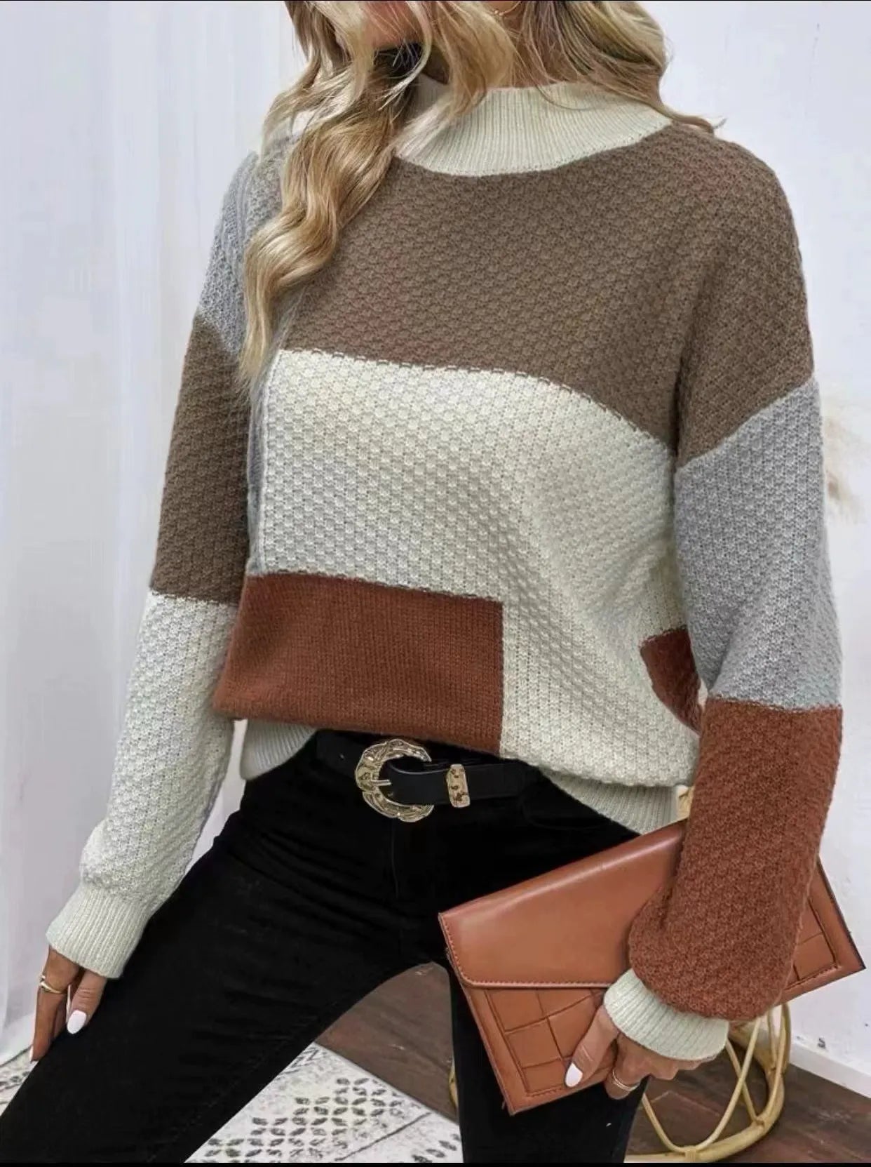 Damtröja – Avslappnad Passform – Stickad Struktur – Patchwork – Ribbad Halsringning