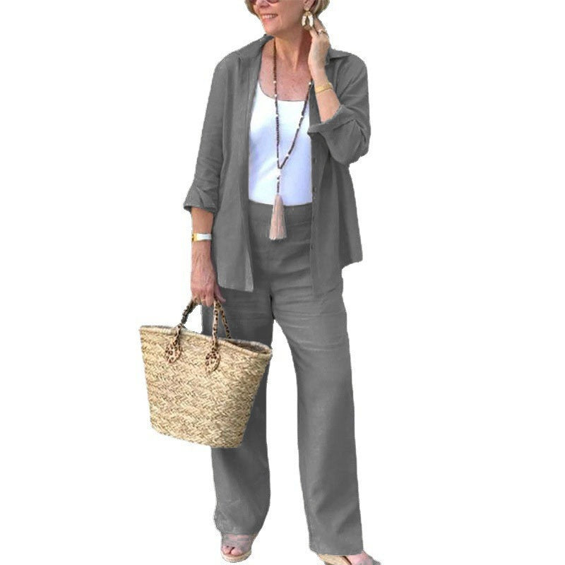 Damset med öppen skjorta – Avslappnad passform – Vida byxor – Linne