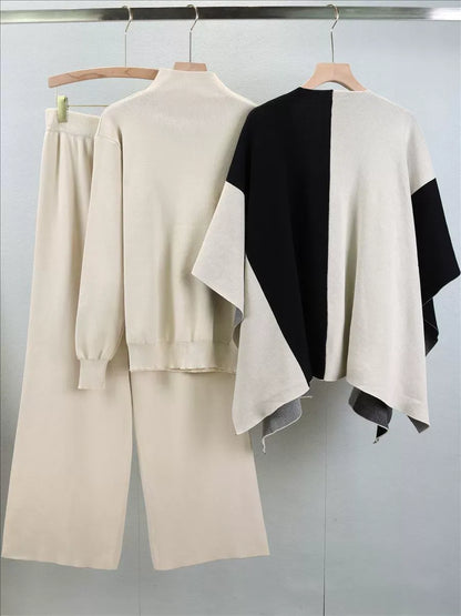 Dam Set med Stickad Mock Neck Tröja – Vida Byxor – Öppen Cape – Avslappnad Passform