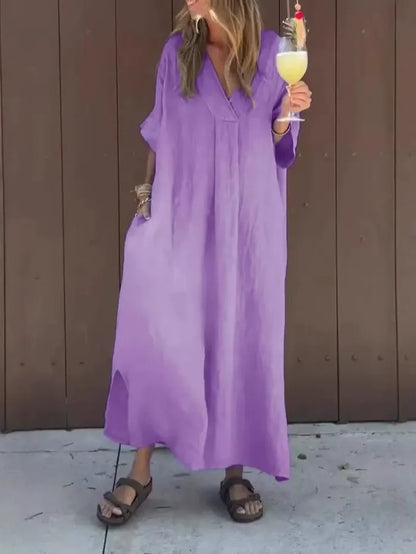 Damklänning maxi – bomull – lös passform – v-ringning – kort ärm – vardagsstil