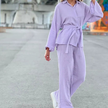 Dam Lounge Set – Oversize Passform – Knäppt Skjorttop – Vida Byxor – Linne