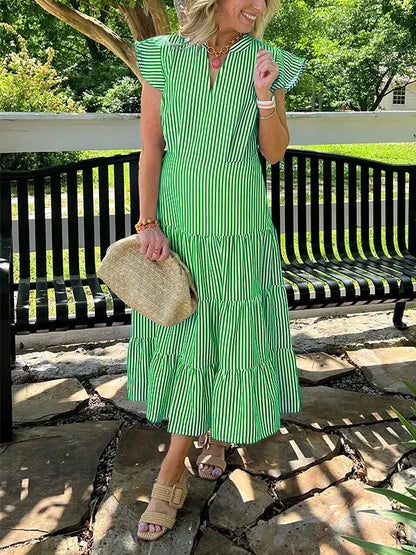 Damklänning midi – V-ringning – Randig – Volangärm – Skiktad kjol – Bomull