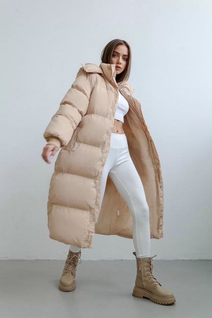 Dam Lång Puffer Trenchcoat – Oversized Passform – Vadderad – Huva – Hög Krage – Hellång