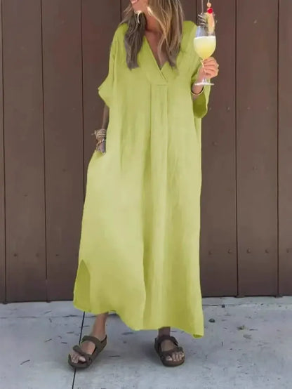 Damklänning maxi – bomull – lös passform – v-ringning – kort ärm – vardagsstil