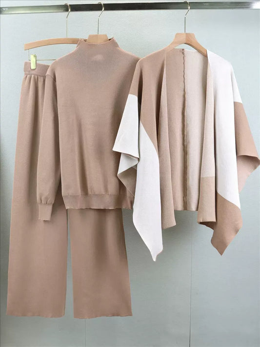 Dam Set med Stickad Mock Neck Tröja – Vida Byxor – Öppen Cape – Avslappnad Passform