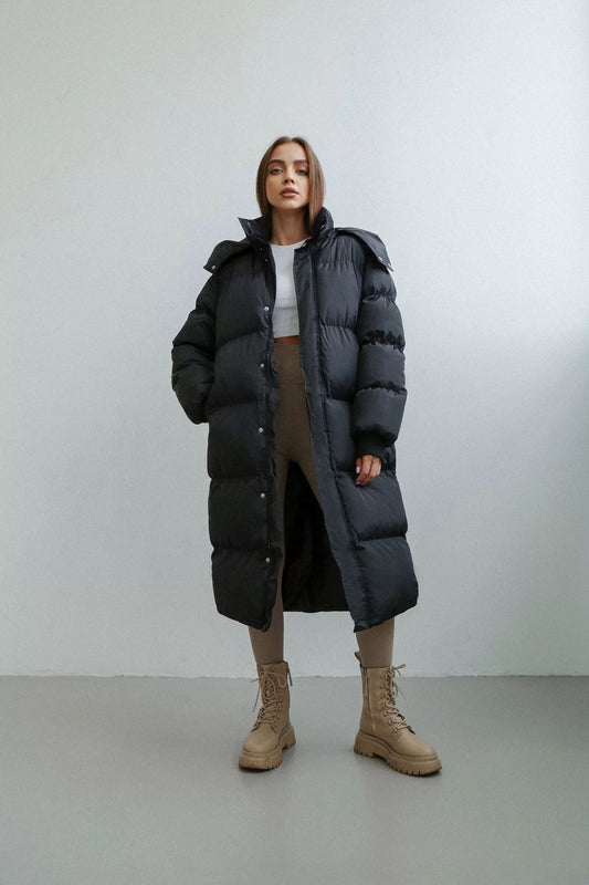 Dam Lång Puffer Trenchcoat – Oversized Passform – Vadderad – Huva – Hög Krage – Hellång
