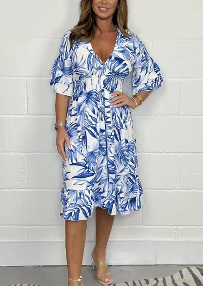 Damklänning midi – Lös passform – Hög midja – V-ringning – Blommig – Volangärm – Bomullskänsla