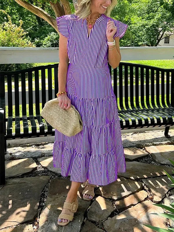 Damklänning midi – V-ringning – Randig – Volangärm – Skiktad kjol – Bomull