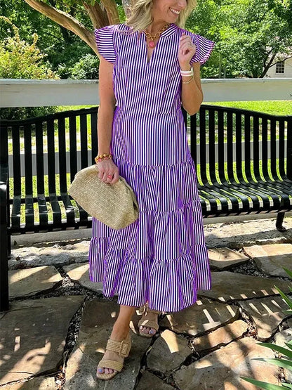 Damklänning midi – V-ringning – Randig – Volangärm – Skiktad kjol – Bomull