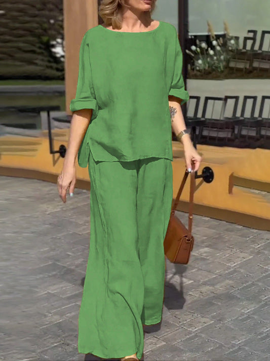 Damset – Kortärmad Topp och Vida Byxor – Avslappnad Passform – Linne Bomull