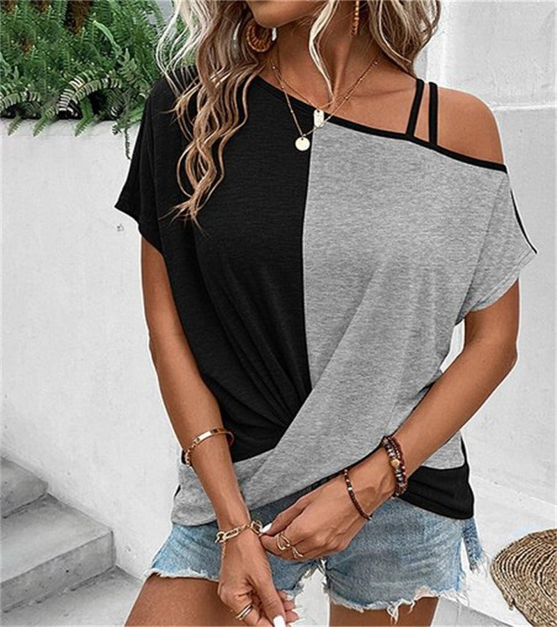 Dam T-shirt – Avslappnad Passform – Off Shoulder med Axelband – Cotton – Colorblock
