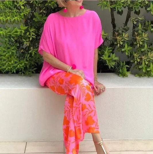 Damset med Byxor – Avslappnad Passform – Vida Ben – Blommigt Mönster