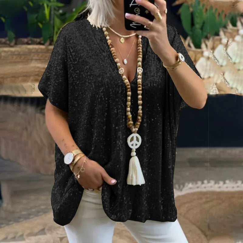 Dam T-shirt V-ringad – Avslappnad Passform – Paljettdekor – Kort Ärm Festlook