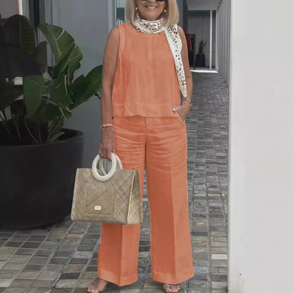 Damset – Ärmös Topp och Vida Byxor – Avslappnad Passform – Linne Bomull – Fickor