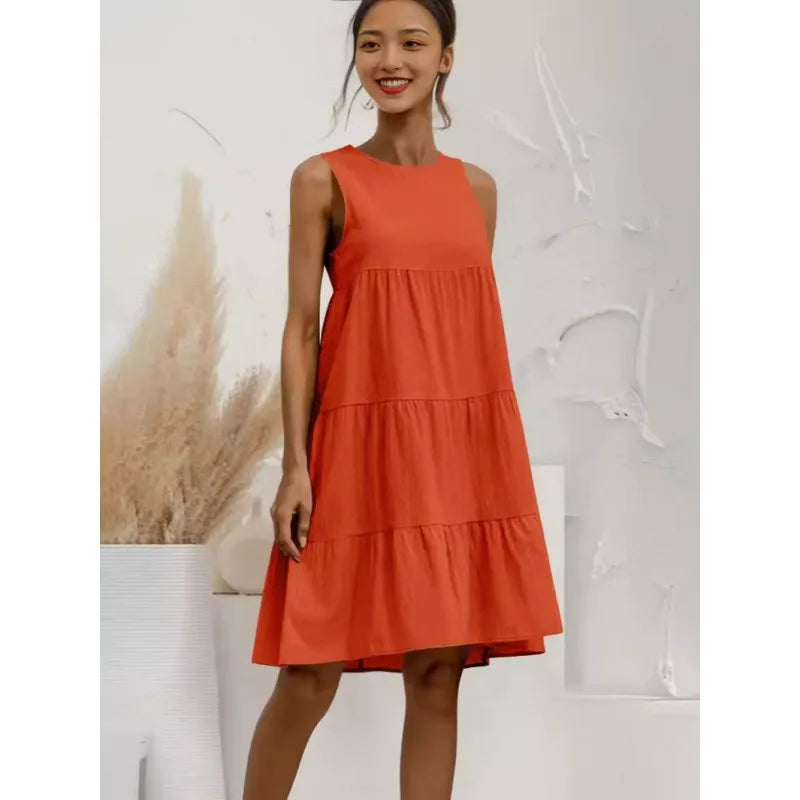Damklänning – Ärmlös – Lös passform – Linne bomullsblandning – Volang – Midi