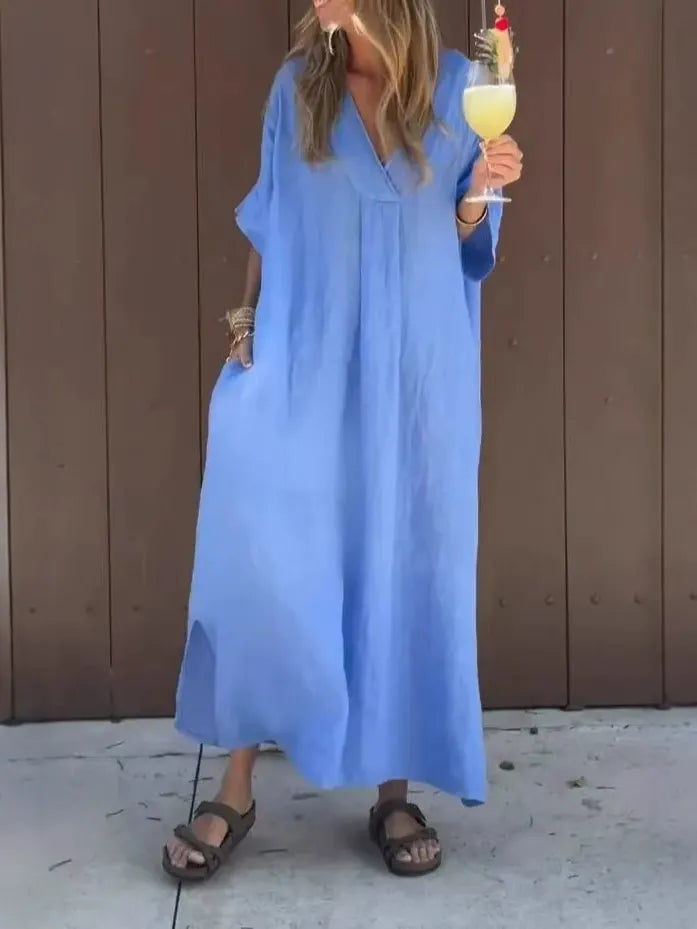 Damklänning maxi – bomull – lös passform – v-ringning – kort ärm – vardagsstil