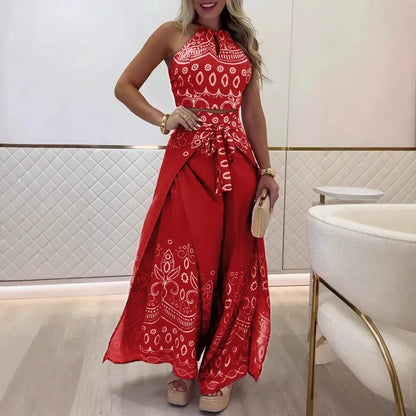 Damset med haltertop och vida byxor – Bomull – Retrotryck – Knytskärp – Kort topp