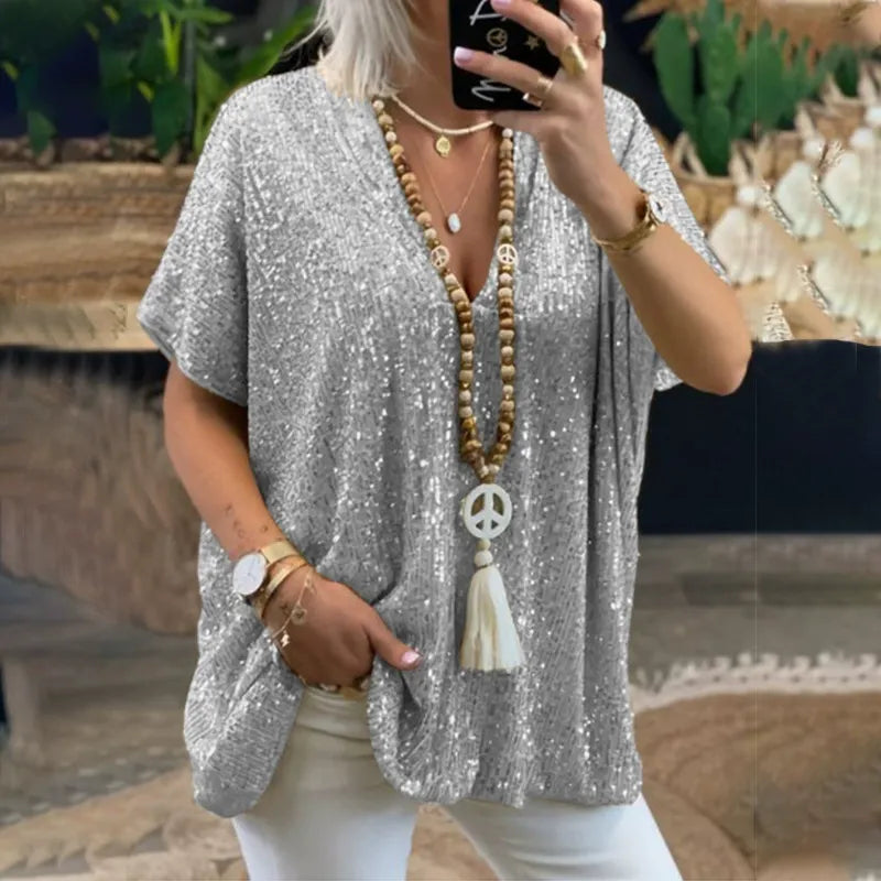 Dam T-shirt V-ringad – Avslappnad Passform – Paljettdekor – Kort Ärm Festlook