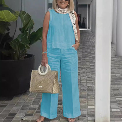 Damset – Ärmös Topp och Vida Byxor – Avslappnad Passform – Linne Bomull – Fickor