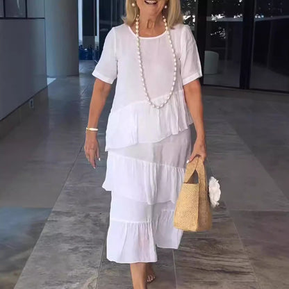 Damklänning midi – Lös passform – A-linjeformad – Plisserad volangdesign – Linne bomull