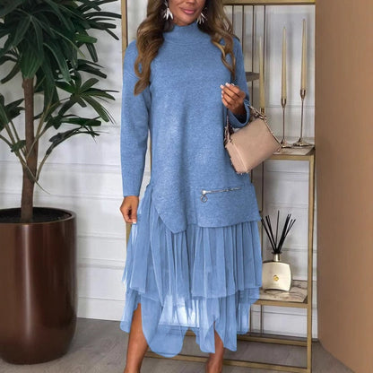 Damklänning – A-linjeformad passform – Stickad topp – Meshdetaljer – Lång ärm – Midilängd