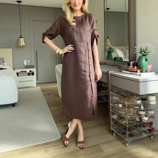 Damklänning midi – Linne bomull – Avslappnad passform – Korta ärmar – Knappdetalj