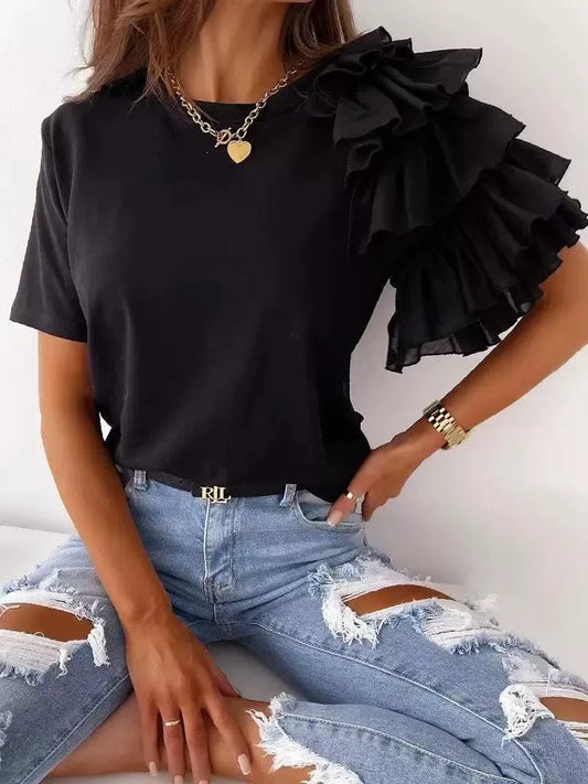 Dam T-shirt – Avslappnad Passform – Asymmetrisk Volang – Kort Ärm – Bomullsblandning